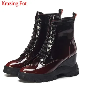 

Krazing Pot waterproof wedges thick bottom genuine leather boots round toe high heels lace up fashion zip women ankle boots L39