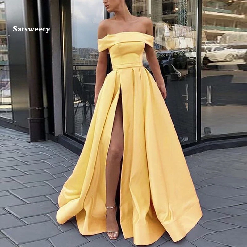 Vestido largo De satén amarillo con hombros descubiertos para mujer, traje  Formal elegante con abertura frontal, formato - AliExpress Bodas y eventos