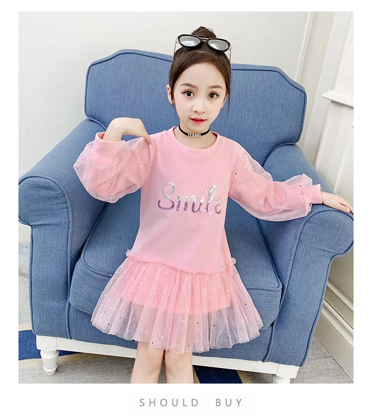 Boutique Kid Clothing 2020 Spring Little Girls School Dress Cotton O neck Sweater Dress Pink Long Sleeve Letter Dresses for Teen (1)