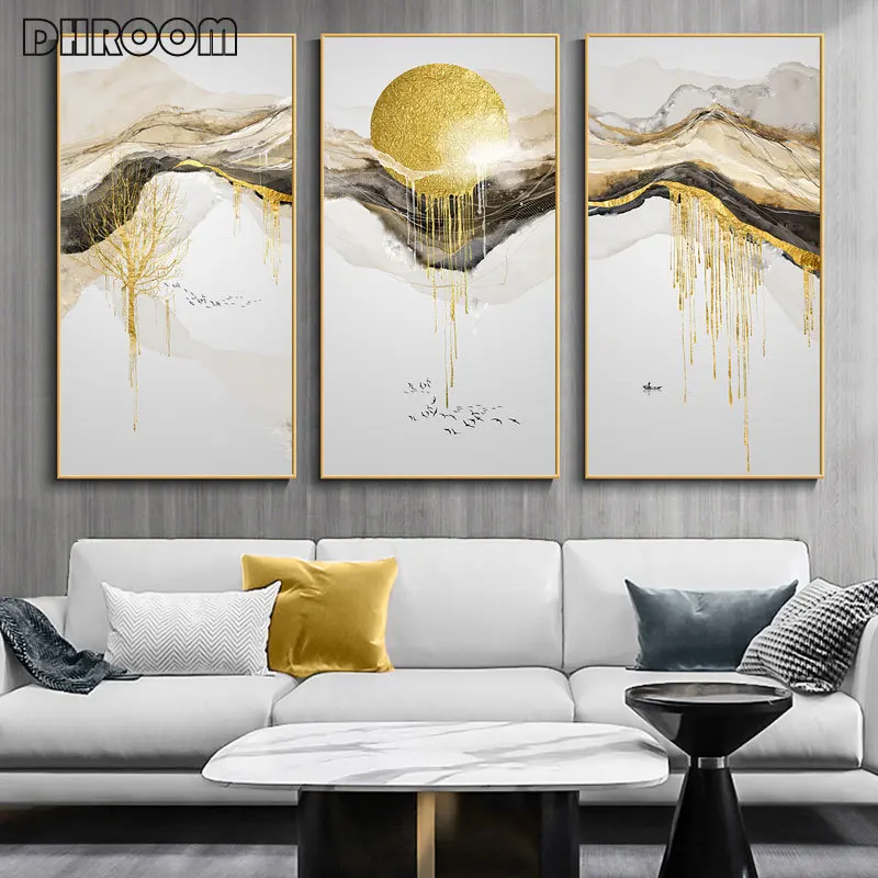 

Abstract Mountain Landscape Canvas Art Painting Golden Sun Poster Nordic Print Scandinavian Wall Picture for Living Room Decor