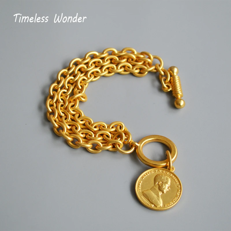 

Timeless Wonder Brass Portrait Coin Chunky Chain Linked Bracelets Bangles Women Punk Gothic Snap Jewelry Gift Boho Trendy 5194