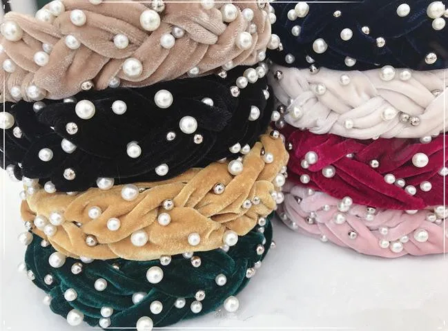 Braided Velvet Headbands Pearls for Women Plain Hairband Crystals Solid Wide Head Band Weaving Adults Headdress Hair Headband