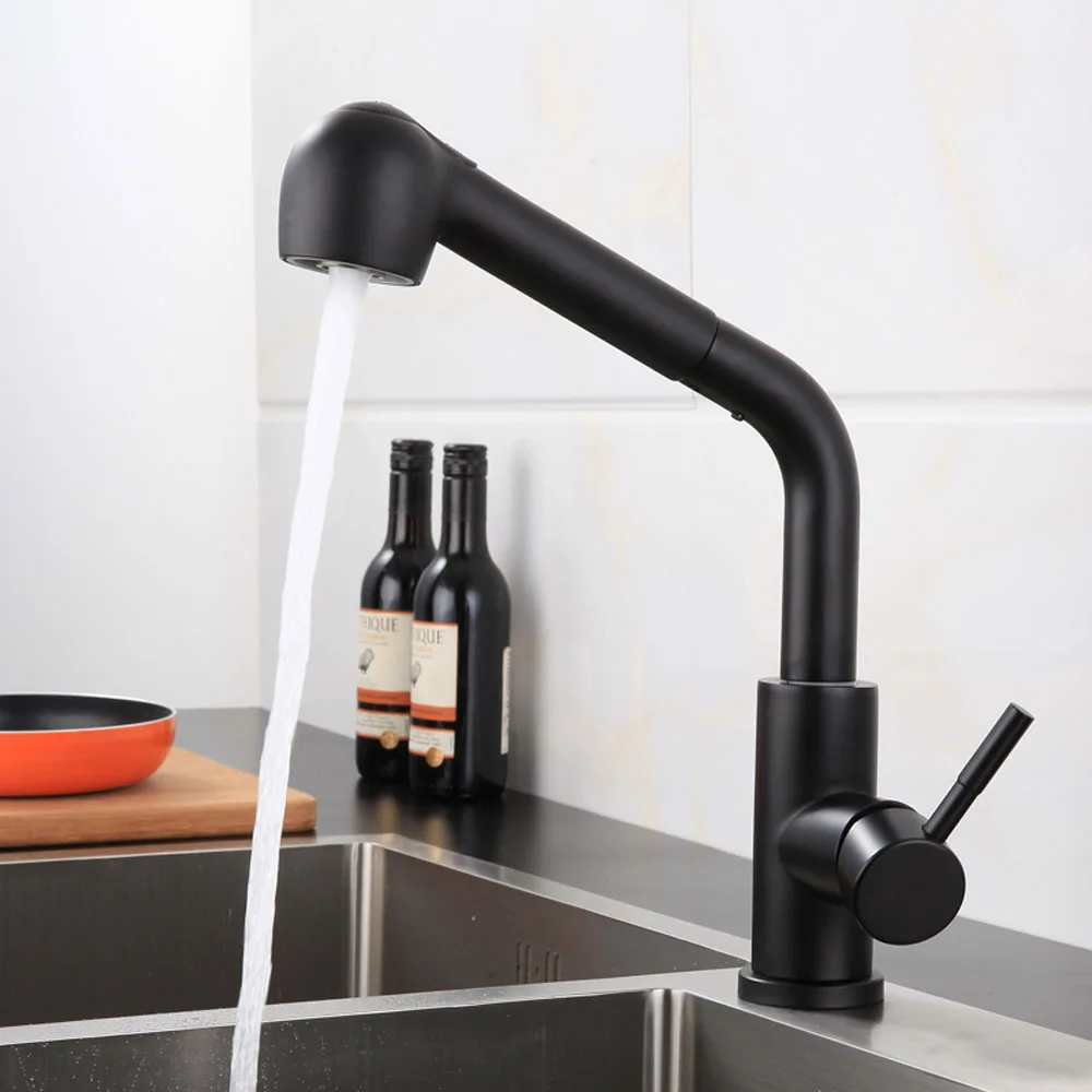 304 Stainless Steel Hot Cold Water Mixer 360 Rotatable Kitchen Black Save Tap Faucet With 2 Functions Pull Out Sprayer