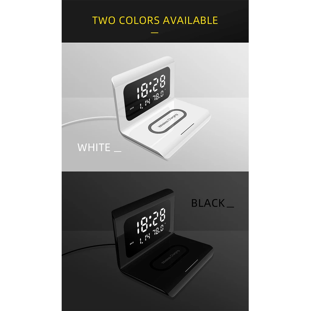 Electric Clock Perpetual Calendar Wireless Charger Desktop LED Digital Alarm Clock with 10W Wireless Mobile Phone Charging Pad