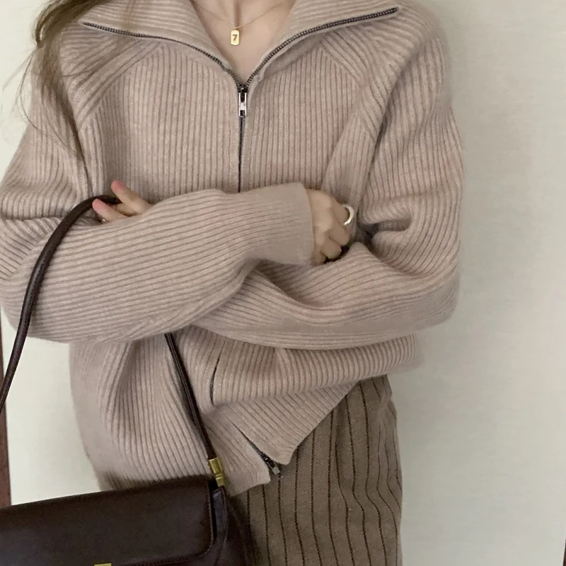 

Korean Zipper Thick Sweater Loose Turn-down Collar Warm Knitted Cardigans Winter Vintage Oversized Sweater Jacket Women