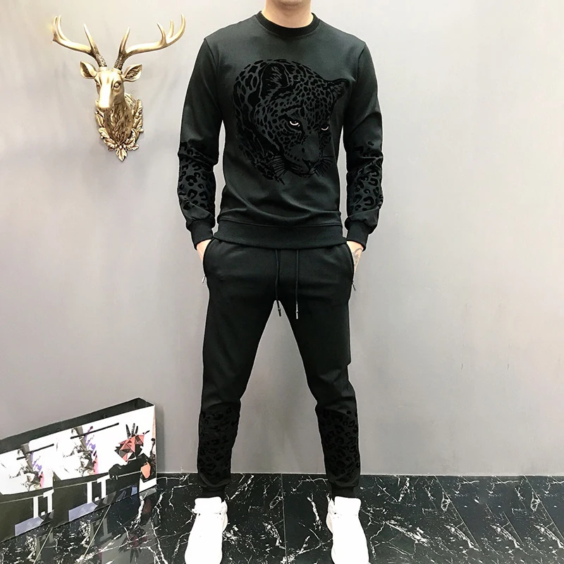 

black panther set men long sleeve embroidery leopard 2 piece suit autumn tracksuit winter casual sportswear