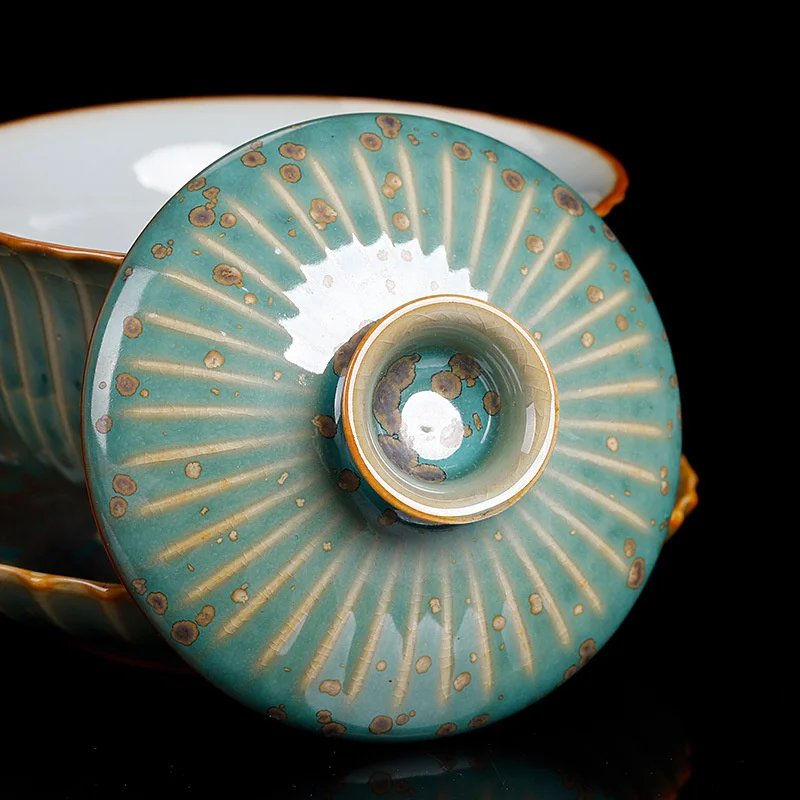 140ml Green Glaze Kiln Change Gaiwan Vintage Ceramic Kung Fu Tea Bowls Master Cup Pu'er Tea Tureen Cup Teapots Bowl With Lid
