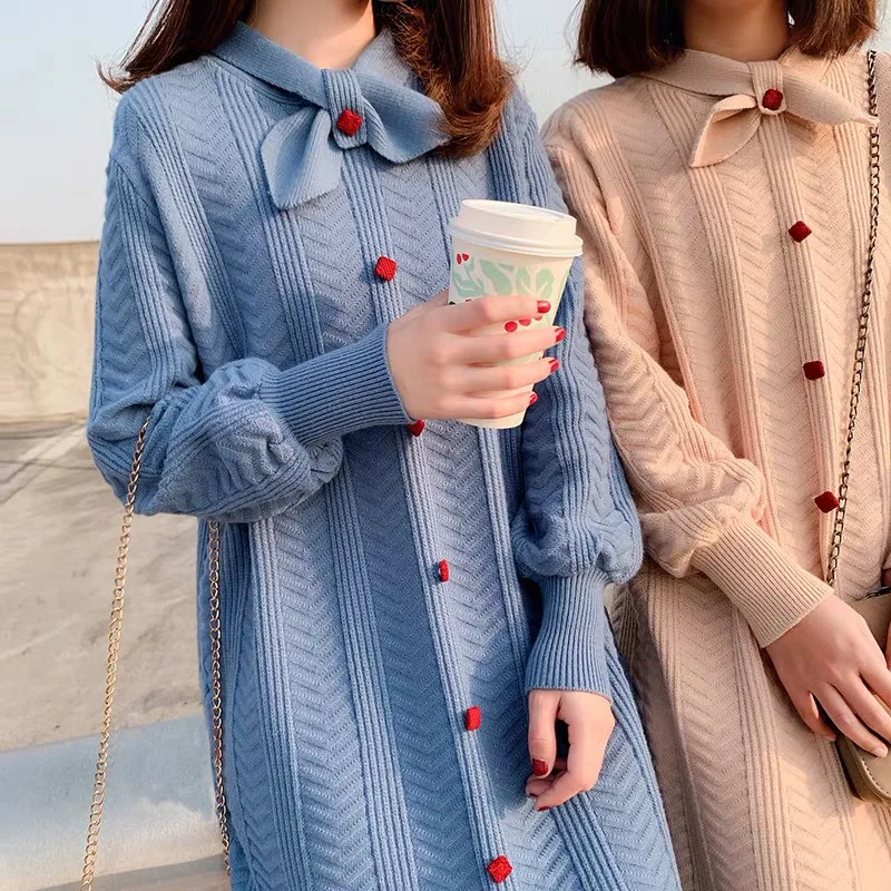 

Korean Style Women Bow Neck Long Sweater Girls Lazy oaf Knitted Loose Sweater Dress Jumper Fall Tops Autumn Winter Clothing