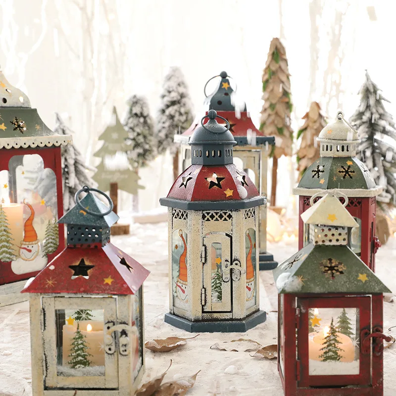 

Northern European-Style Retro Iron Art Candle Holder Windproof Road Lead Lantern Gray Courtyard Creative Home Decoration Christm