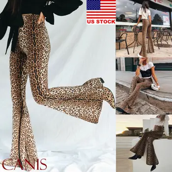

New Fashion Women Animal Leopard Print Trousers High Waist Female Flares Pants Fashion Street Wear