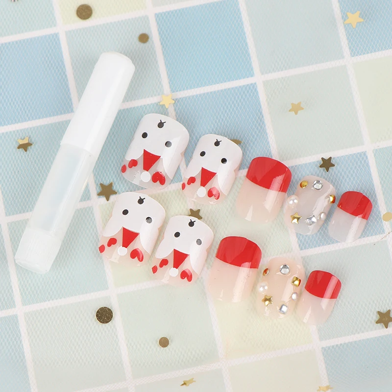 24Pcs Cute Christmas Bear Fake Nails Children Girls Manicure Press On Acrylic Full Nail Tips Art Beauty Tools