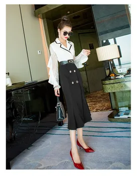 

Spring Fashion Women's suit collar double-breasted black and white stitching lace flounces long-sleeved fishtail dress