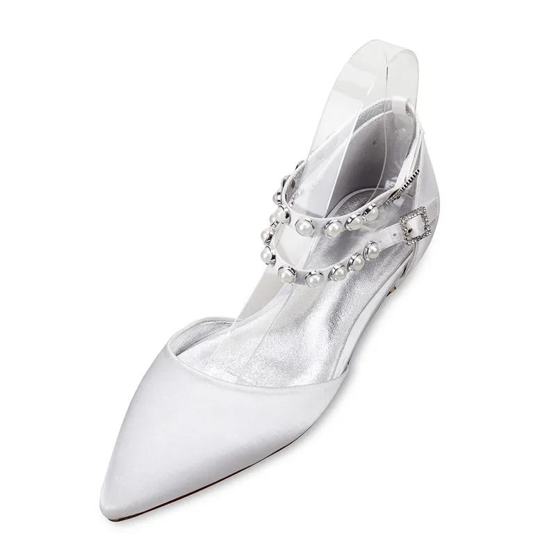 White OnnPnnQ Women Satin Pearls Wedding Flats for Bride Pointed Toe Double Ankle Buckle Strap Formal Party Dress Flat Shoes Women - Цвет: White