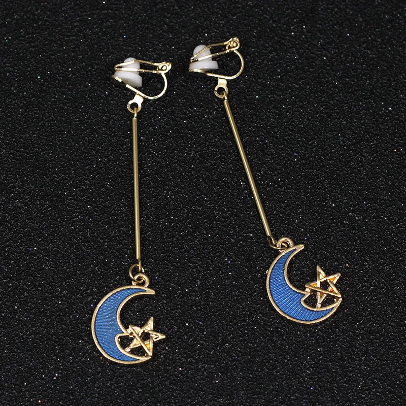 Moon Stars Clip On Earrings No Hole Ear Clips Metal Blue Without Piercing Minimalism Earring CE432 | Украшения и аксессуары