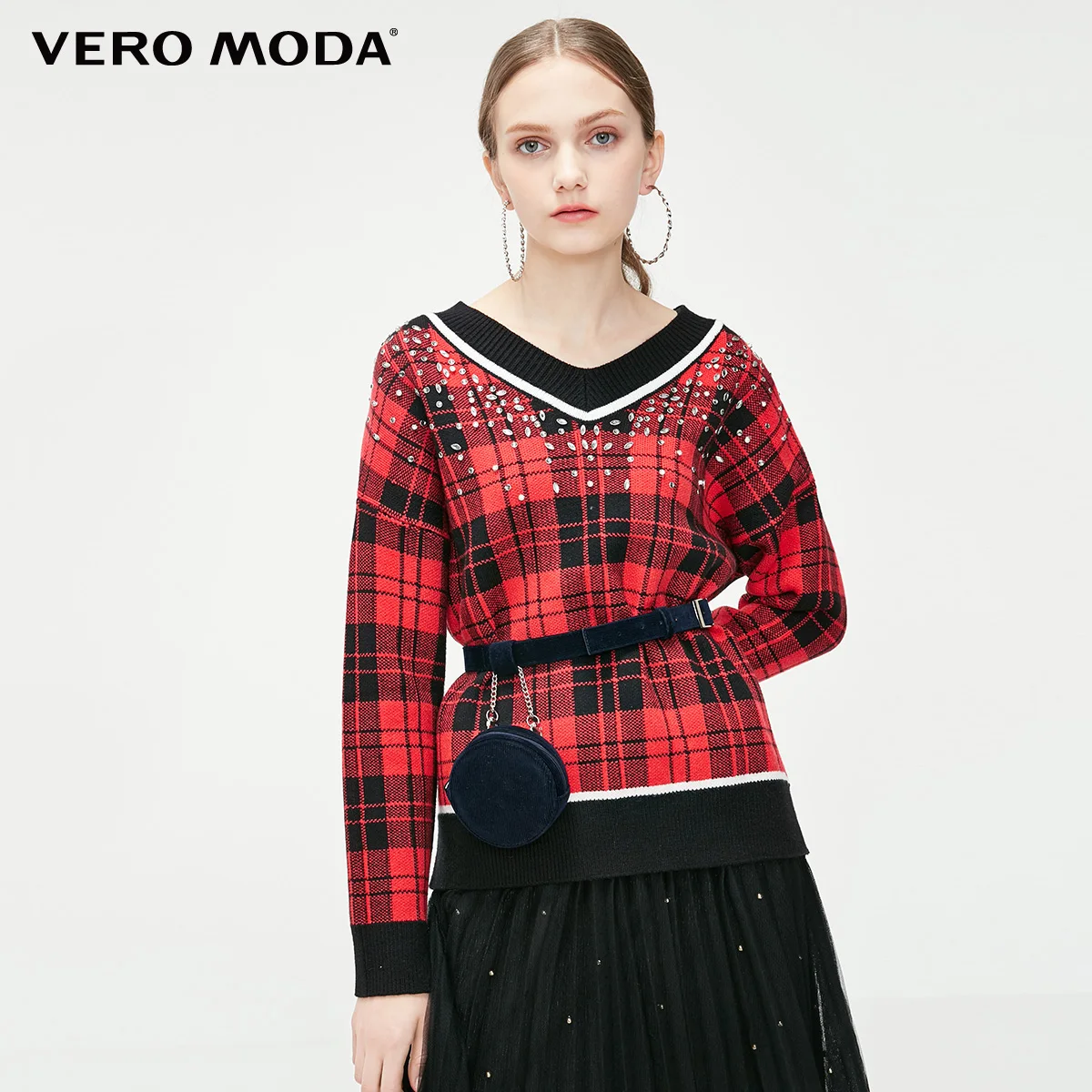 Vero Moda женский свободный крой плед декоративные стразы свитер трикотажные топы | 319113540 - Цвет: F16 Red tomato