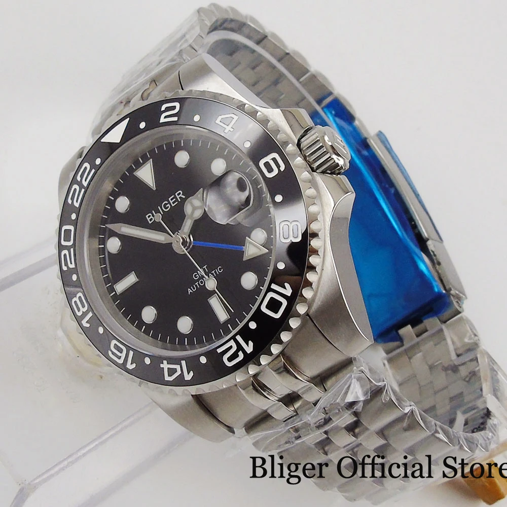 

BLIGER Mechancial Men Watch GMT Hand Rotating Bezel Jubilee Band Sapphire Glass Automatic Movement