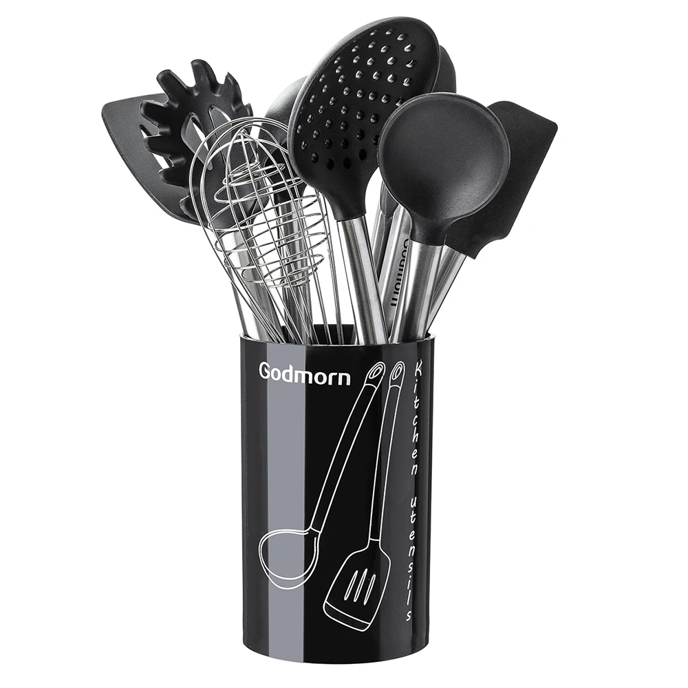 Silicone Kitchen Cooking Set Stainless Steel Cooking Set with Plastics Holder Egg beater Colander Soup spoon Kitchen Accessories