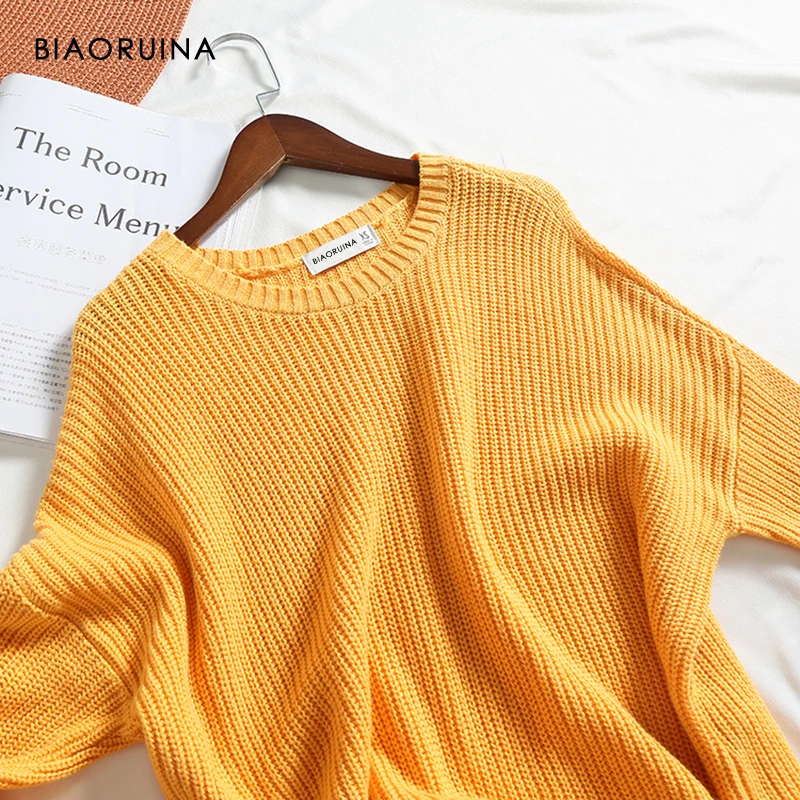 BIAORUINA женский желтый Однотонный свитер большого размера на каждый день вязаный женский свободный пуловер с круглым вырезом и открытыми плечами осень