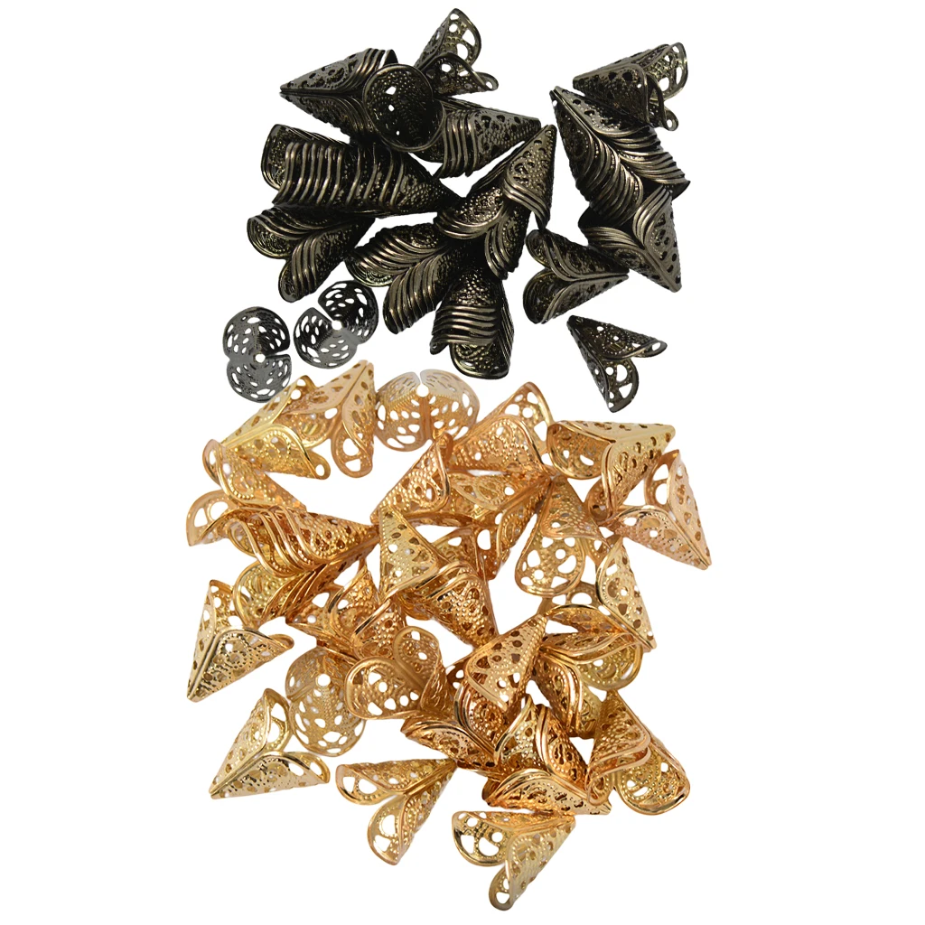 100 Pieces 16mm Filigree Cone Flower Cap For Beads Tassel DIY Craft Gold and Black