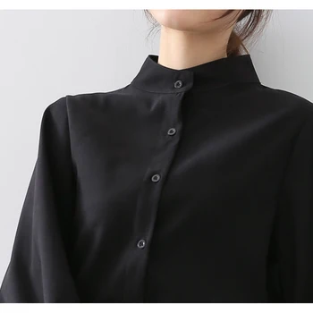 Big Lantern Sleeve Blouse Women Autumn Winter Single Breasted Stand Collar Shirts Office Work Blouse Solid Vintage Blouse Shirts 5