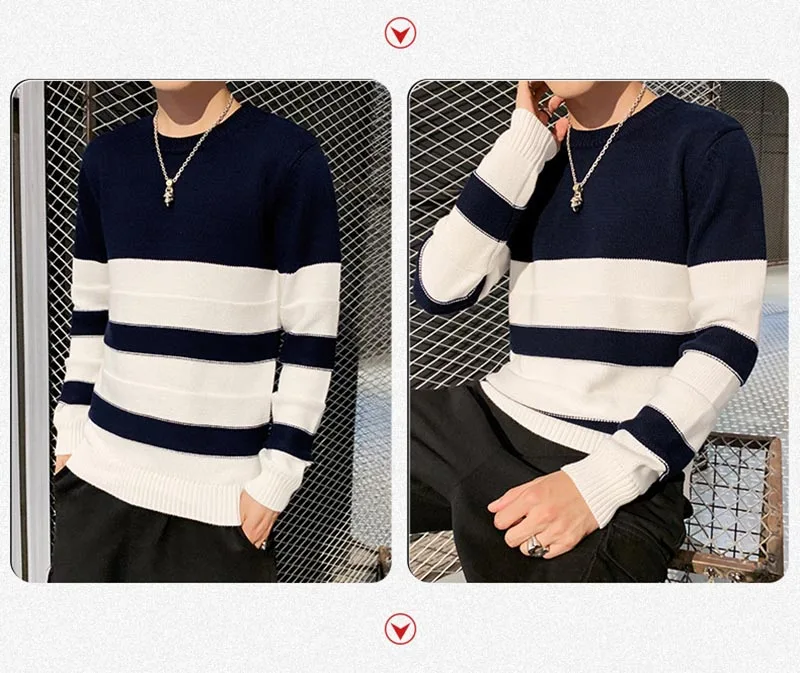 Autumn New Men's Long Sleeve Multi-striped Crewneck Pullover Sweater Relax Thin Cotton Knit Men Sweater