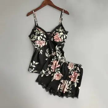 

Women Pajama Sets Sexy V neck Lace Floral Print Babydoll Summer Sleepwear Silk Satin Nightwear Sleepwear Set Ladies Underwear