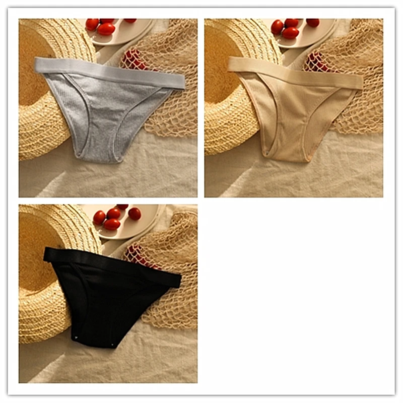Gray Apricot Black 3 шт., модные хлопковые трусы, сексуальные трусики для женщин, бесшовные трусики, бикини, стринги, женское нижнее белье, низкая посадка, дамское нижнее белье, однотонное - Цвет: Gray Apricot Black