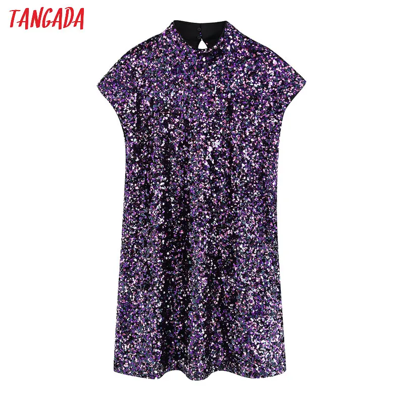 Tangada, женское Сексуальное Фиолетовое мини-платье с блестками, блестящее, короткий рукав, женское Новогоднее платье для вечеринки, vestidos BE101