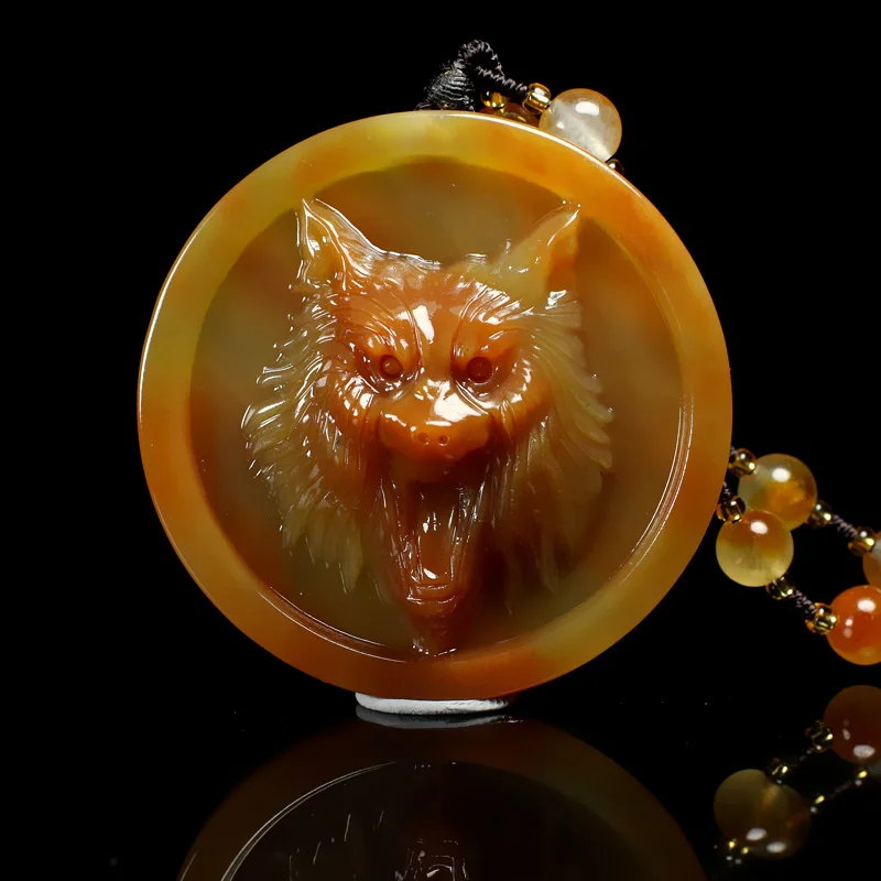 

Натуральный длинный нефритовый кулон Huang с головой волка