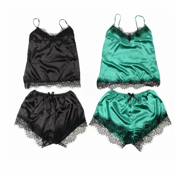 

Women's Lace Satin Sleepwear Pajama Set Cami Top and Shorts Comfortable Loose Nightgown Robe Sets Sexy Nightdress