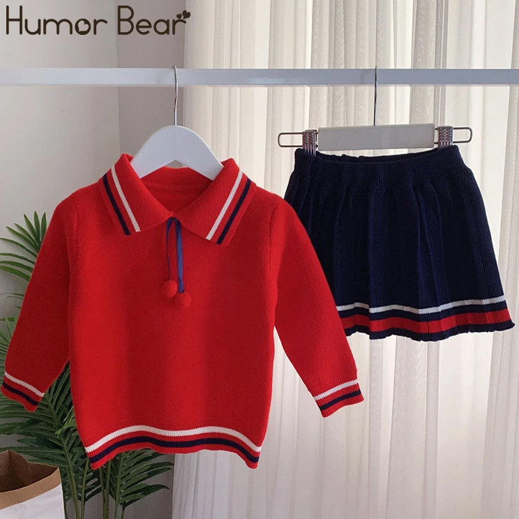 red Humor Bear/ г. Модная одежда для маленьких девочек осенний пуловер, свитер+ плиссированная юбка, комплекты зимняя одежда для девочек От 3 до 7 лет - Цвет: red