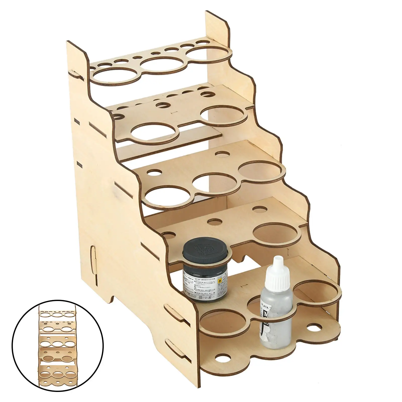 Basics Craft Paint Brush Organizer Rack Holds Bottles Brushes Wood Finish