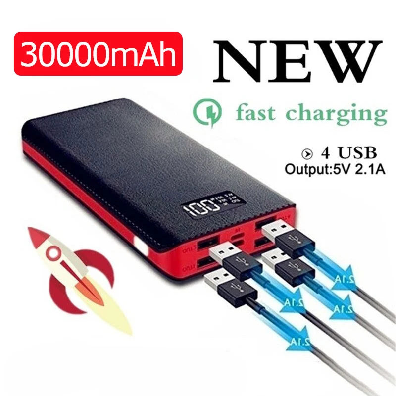 

2020 30000mAh 4-USB Portable Power Bank Ports External Battery Power Bank LCD Display LED Digital Display For IPhone Xiaomi