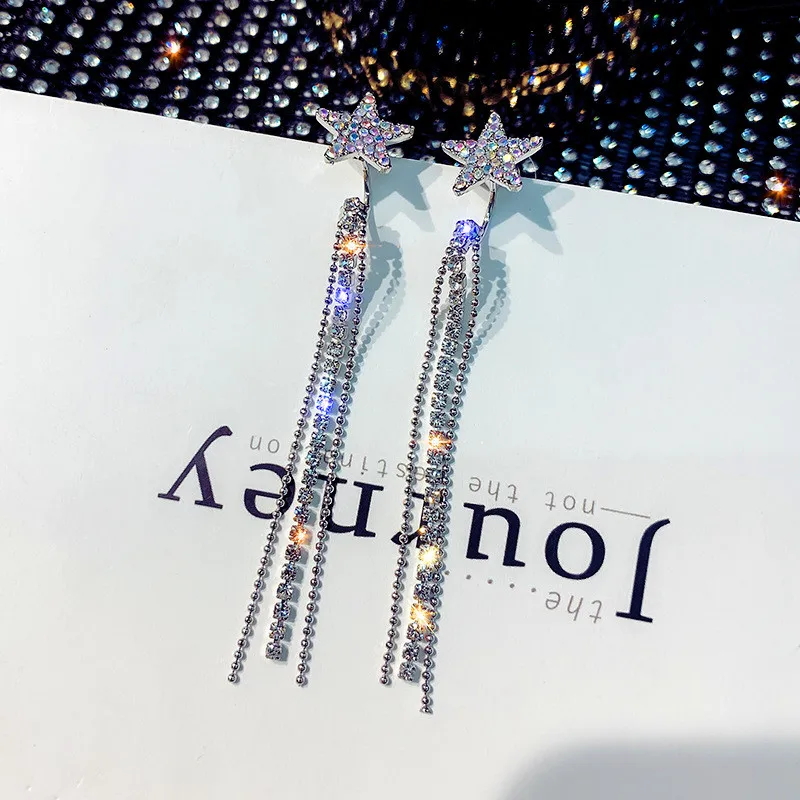 

Cute Female Ladies Star Drop Earrings Fashion Silver Gold Color Tassel Earrings Crystal Long Dangle Earrings For Women