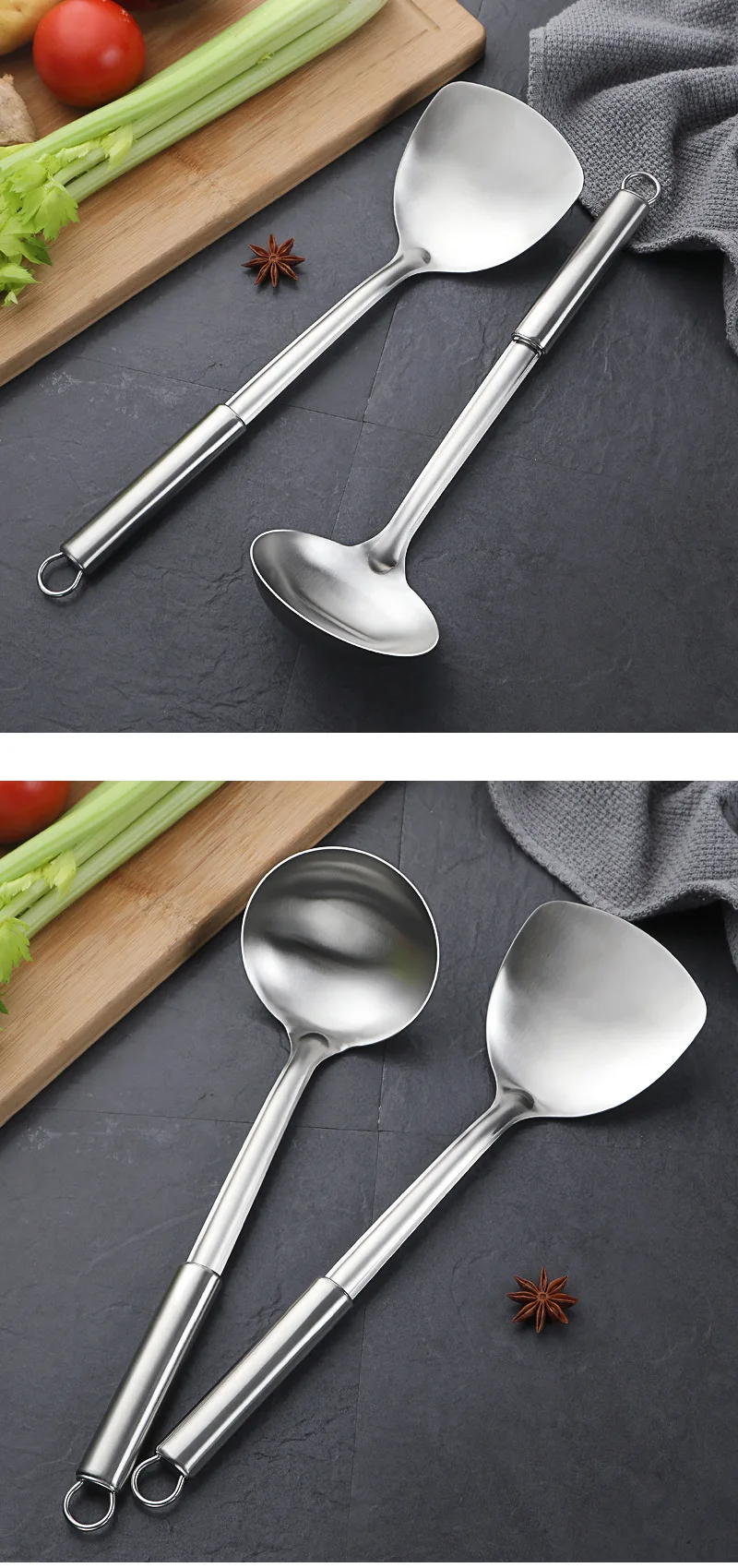 Sea Yunjia Stainless Steel Spatula Ladel Household Kitchenware One-piece Long Handle Cooking Spatula Round-bottomed Frying Pan I