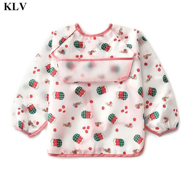 KLV, водонепроницаемый, милый мультяшный Слон, собака, детский халат, рубашка для кормления, длинный рукав, детские нагрудники, одежда с карманами