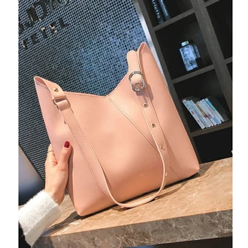 

Bucket Women's Handbags Pu Leather Solid Large Capacity 2pcs Composite Bags Women Casual Tote Bag Shoulder Bags Lady