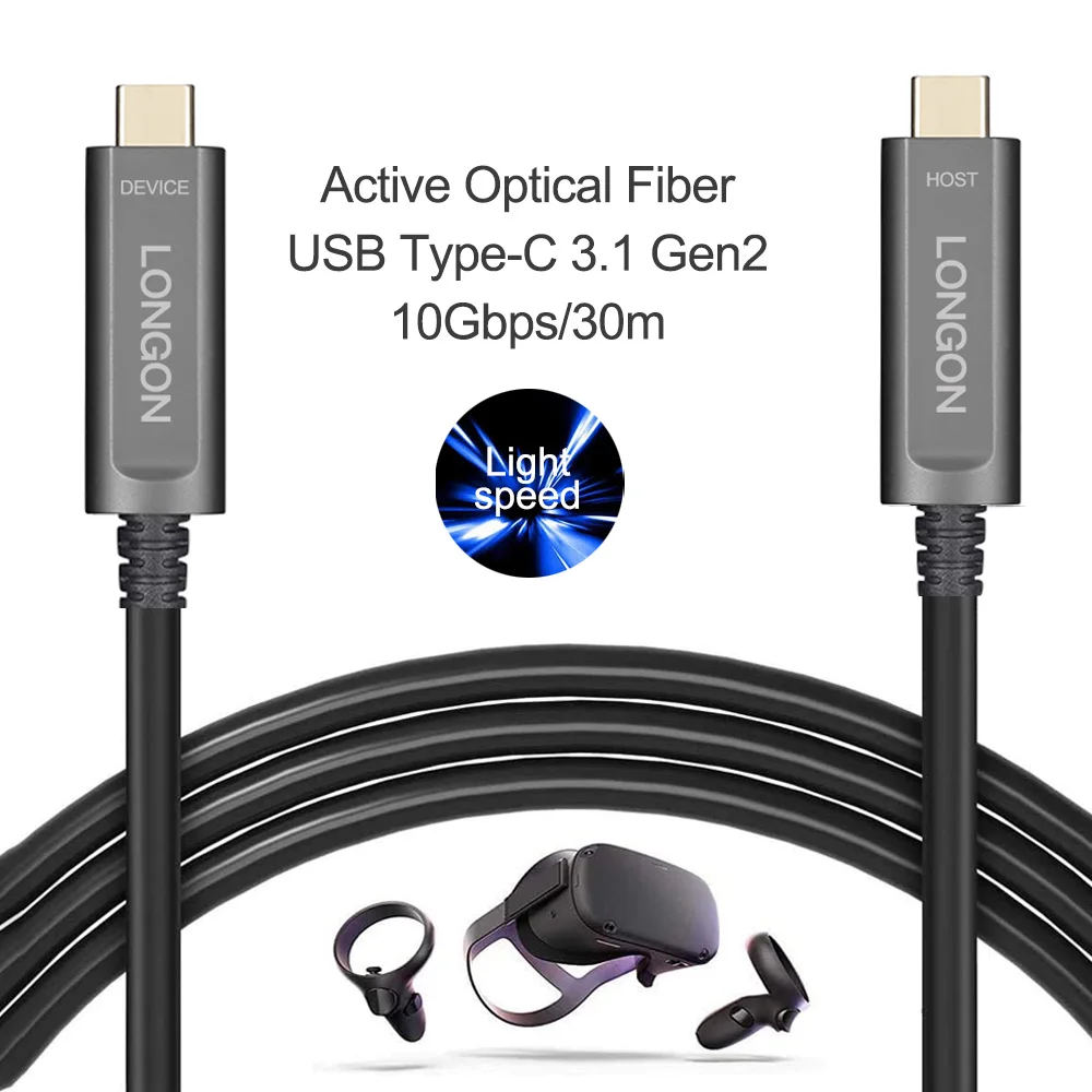 USB C Cable LONGON Type C Active Optical Fiber Cable Compatible for Camera Oculus Link Quset 1/2 Steam VR USB 3.2 Gen 2 10Gbps 5M 10M 15M