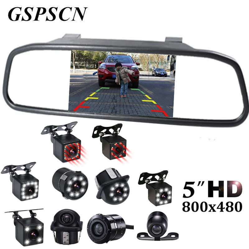 Online GSPSCN 5 pulgadas Monitor de espejo retrovisor de coche Auto Video + LED de la visión nocturna de cámara CCD para reversa coche cámara de visión trasera