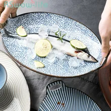 Японское Ретро домашнее керамическое блюдо овальная посуда двойное ухо рыба тарелка сервировочное блюдо набор посуды наборы зарядное устройство пластина