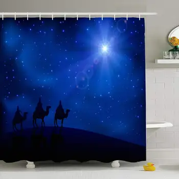 

Shower Curtain Set with Hooks 60x72 Christmas Scene with Silhouette Three Wise Traditional Men Star Saint Spirit People Kings