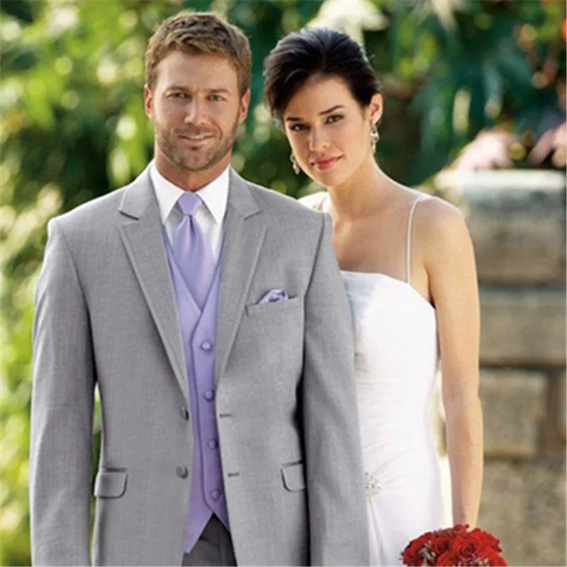 light grey Смокинги для жениха, мужской костюм из 3 предметов(куртка+ брюки+ жилет+ галстук), две пуговицы, лучший мужской свадебный для шафера, костюм, деловой блейзер - Цвет: light grey