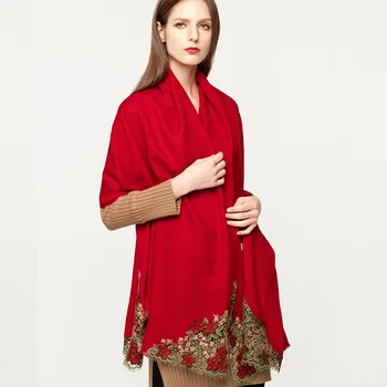 

Embroidery Red 100% Wool Scarf Shawls Women Brand 2019 Wedding Pashmina Wraps Bride Bridesmaid Gift Echarpe Winter Wool Scarves
