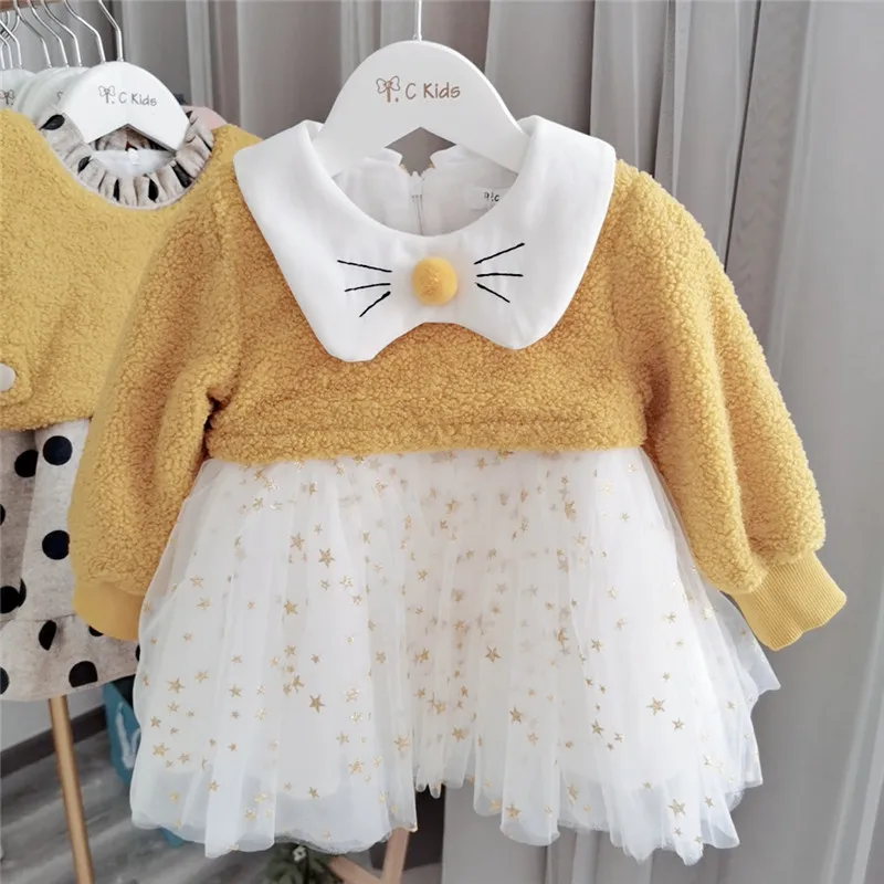 

Funny baby dress mini dress long sleeve thicken warm winter infant dress yellow color sweet kids clothes
