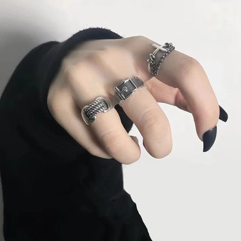 

2019 Vintage Metal Punk Chain Cross Open Rings Belt Buckle Design Finger Rings For Women Men Party Jewelry Gifts