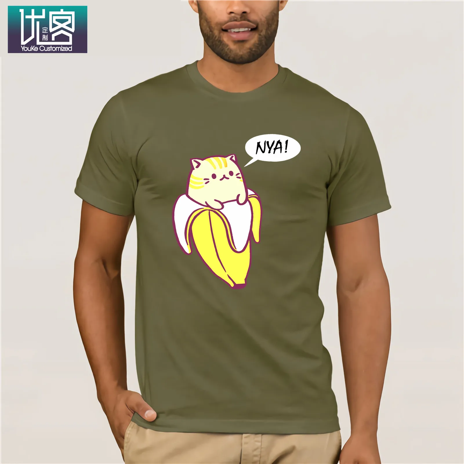 Футболка Bananya Banana с забавным котом, потрясающие Уникальные повседневные футболки с коротким рукавом, одежда из хлопка, Винтажная футболка с вырезом лодочкой - Цвет: army green