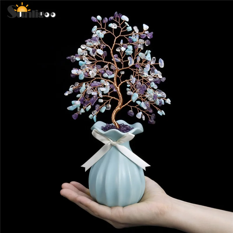 1x Mixed Stone Sunligoo денежное дерево, фэн-шуй, украшения, мини-румяный драгоценный камень, бонсай, дерево, статуэтки, керамическая ваза, для гостиной, офиса, домашнего декора - Цвет: 1x Mixed Stone