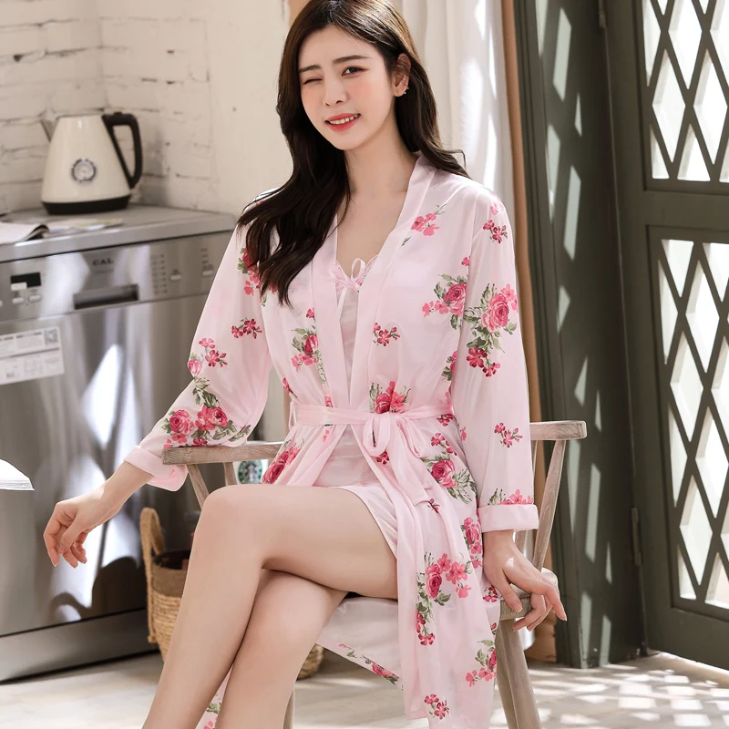 Women sleepwear sleepwear pajamas new luxurious women kimono gown nightdress 2PCS silk robe