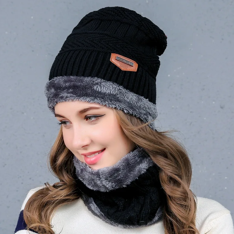 Мужская и женская теплая зимняя шапка, шарф, мягкая вязаная шапка, шарф, костюм, женские черепа и шапочки, зимняя шапка, вязаная шапка унисекс