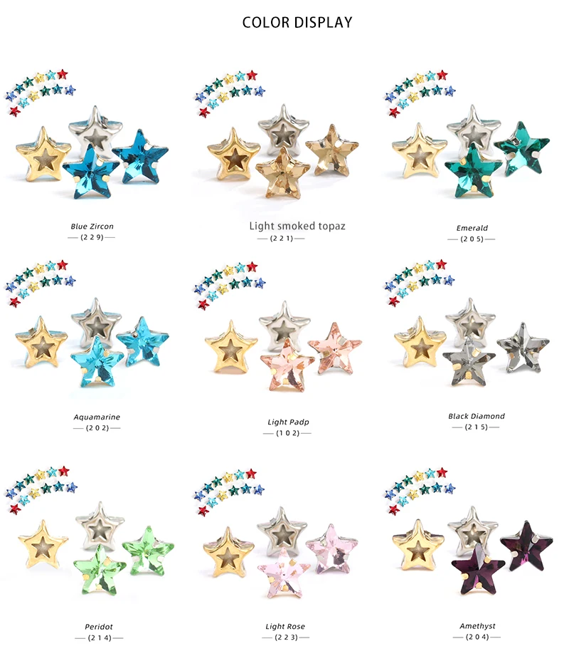 Pipatian Star Crystals Sewing on Rhinestone Beads for Needlework Metal Base Strass Colorful Fabric Decoration Star for Sewing